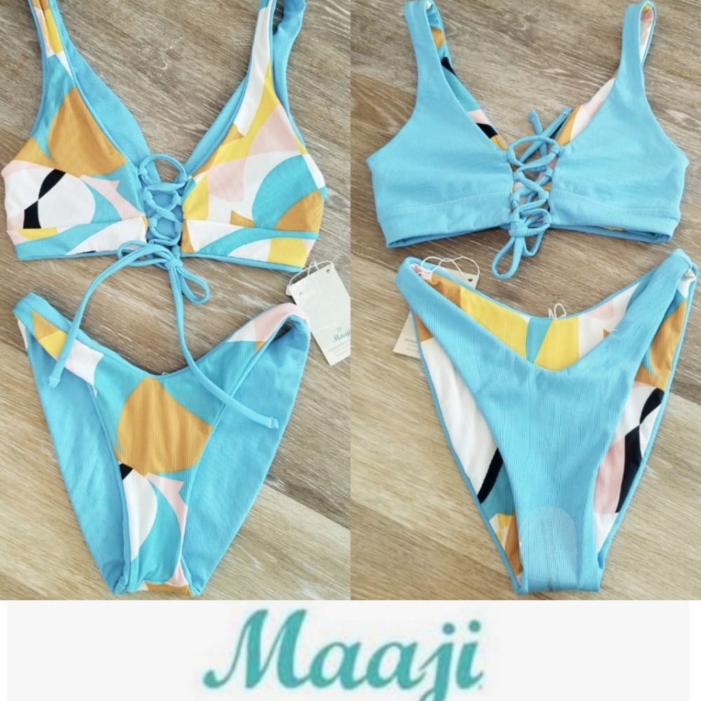 MAAJI Stone Blue Allure Bikini Top & Bottom Set NWT Reversible Lace-Up Ribbed